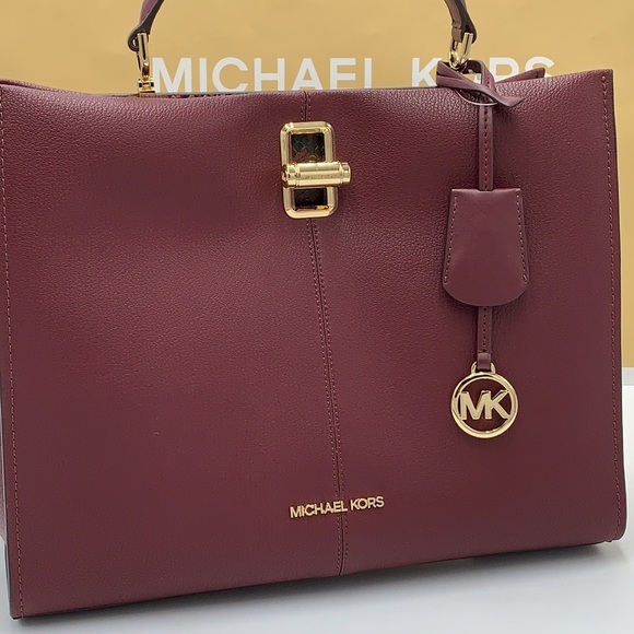 Michael Kors Penelope Large Top Handle Satchel Merlot Multi Color Leather - Picture 9 of 16